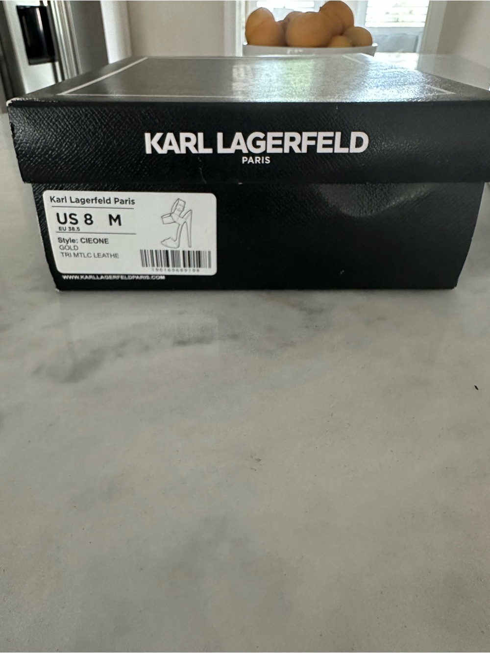 Karl Lagerfeld Black and Gold Women’s Heels Box